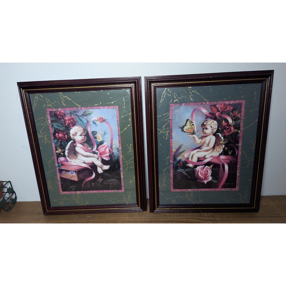 Home Interiors Pictures Angel Cherub Wall Art Prints 16 x 13" Set 2 Rare Vintage